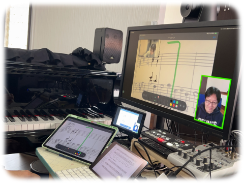 AG06やATEM Mini、複数のiPadを駆使した、高音質・多角的な視点のオンラインレッスン風景